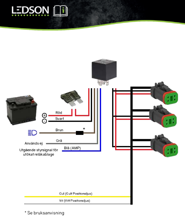 LEDSON DT-4 Kablage 12V med relä, 4-polig, 3st DT 300w/500w